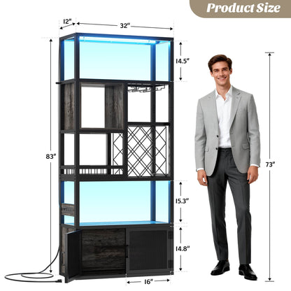 82.6" Tall Wine Bar Cabinet with LED Light and Outlets, 6-Tier Liquor Storage Cabinet with Glass Holder & Wine Rack