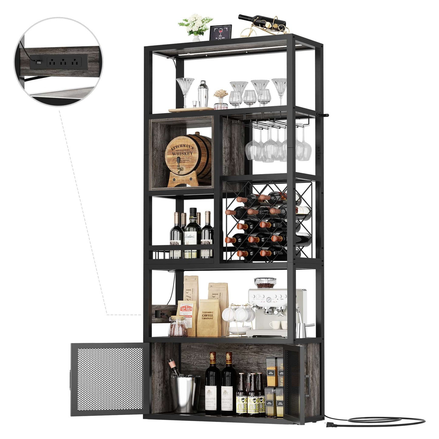 82.6" Tall Wine Bar Cabinet with LED Light and Outlets, 6-Tier Liquor Storage Cabinet with Glass Holder & Wine Rack