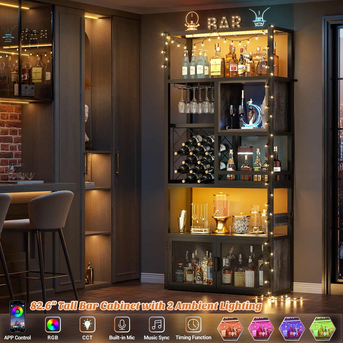 82.6" Tall Wine Bar Cabinet with LED Light and Outlets, 6-Tier Liquor Storage Cabinet with Glass Holder & Wine Rack