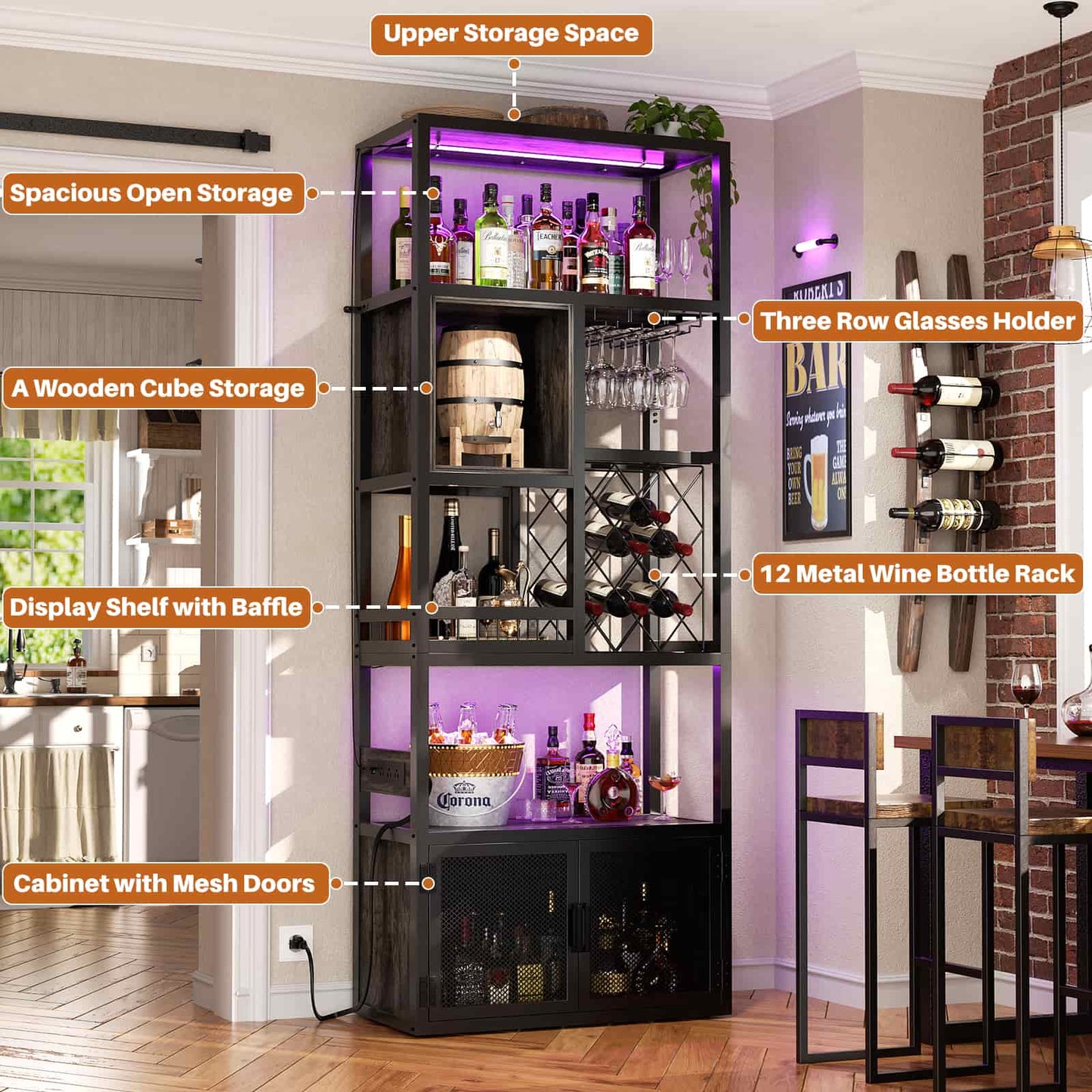 82.6" Tall Wine Bar Cabinet with LED Light and Outlets, 6-Tier Liquor Storage Cabinet with Glass Holder & Wine Rack