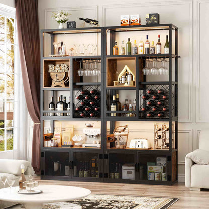 82.6" Tall Wine Bar Cabinet with LED Light and Outlets, 6-Tier Liquor Storage Cabinet with Glass Holder & Wine Rack