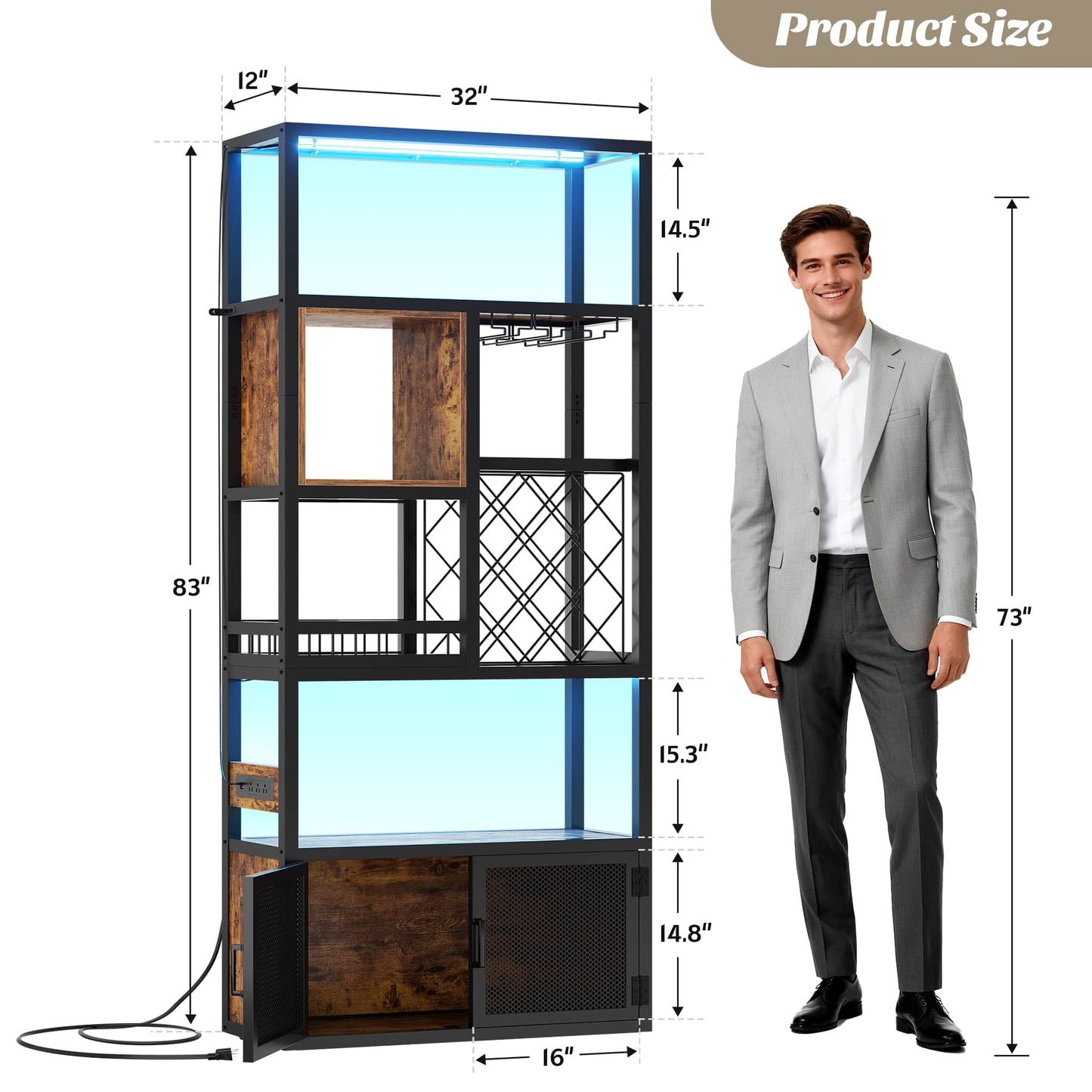 82.6" Tall Wine Bar Cabinet with LED Light and Outlets, 6-Tier Liquor Storage Cabinet with Glass Holder & Wine Rack
