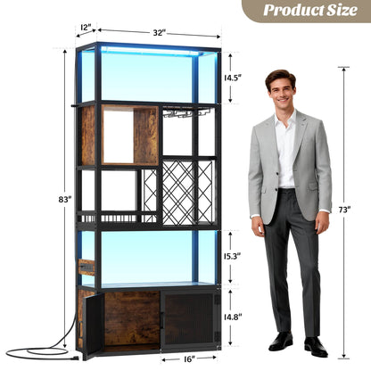 82.6" Tall Wine Bar Cabinet with LED Light and Outlets, 6-Tier Liquor Storage Cabinet with Glass Holder & Wine Rack