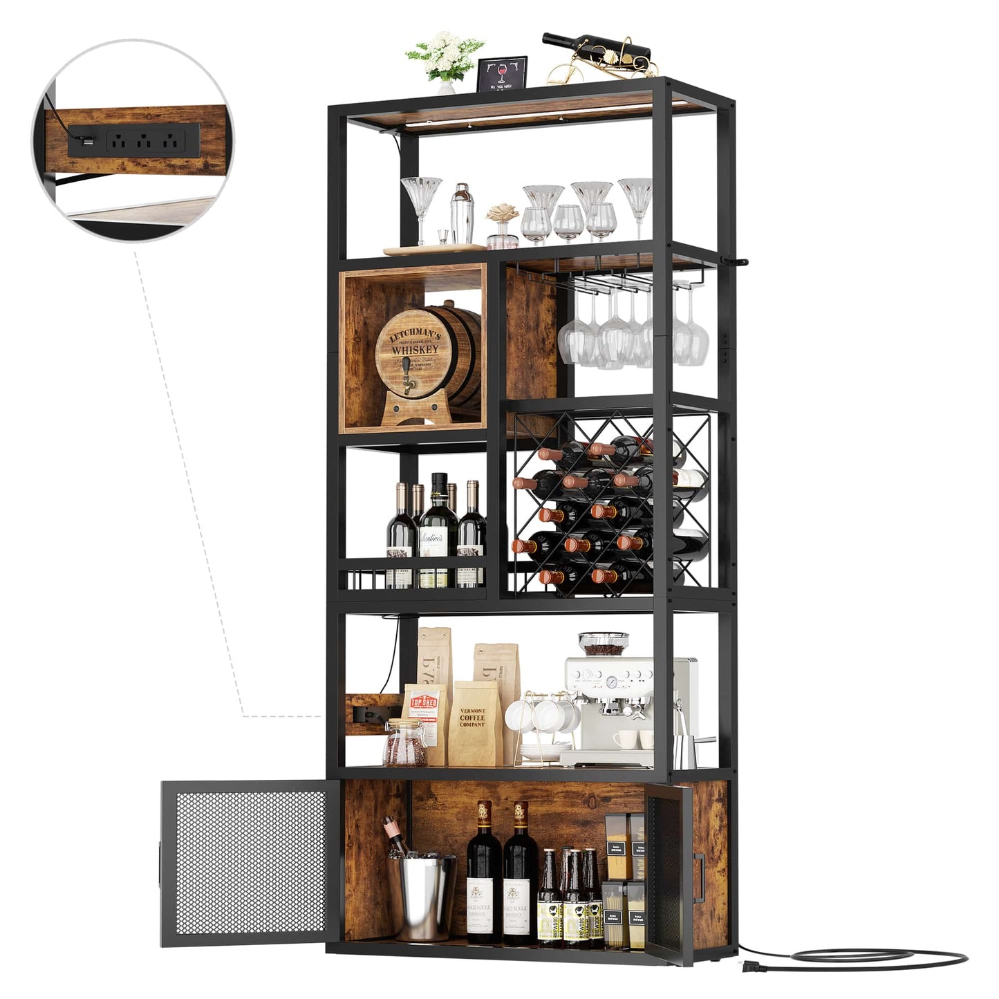 82.6" Tall Wine Bar Cabinet with LED Light and Outlets, 6-Tier Liquor Storage Cabinet with Glass Holder & Wine Rack