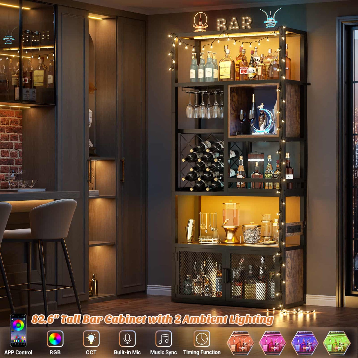 82.6" Tall Wine Bar Cabinet with LED Light and Outlets, 6-Tier Liquor Storage Cabinet with Glass Holder & Wine Rack