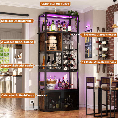 82.6" Tall Wine Bar Cabinet with LED Light and Outlets, 6-Tier Liquor Storage Cabinet with Glass Holder & Wine Rack