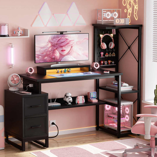 53" Gaming Desk with 2 Fabric Drawers, LED Lights & Pegboard, Reversible