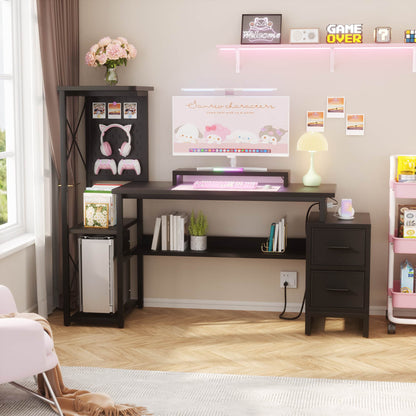 53" Gaming Desk with 2 Fabric Drawers, LED Lights & Pegboard, Reversible