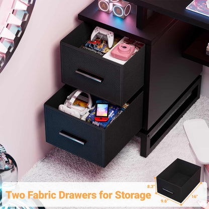 53" Gaming Desk with 2 Fabric Drawers, LED Lights & Pegboard, Reversible