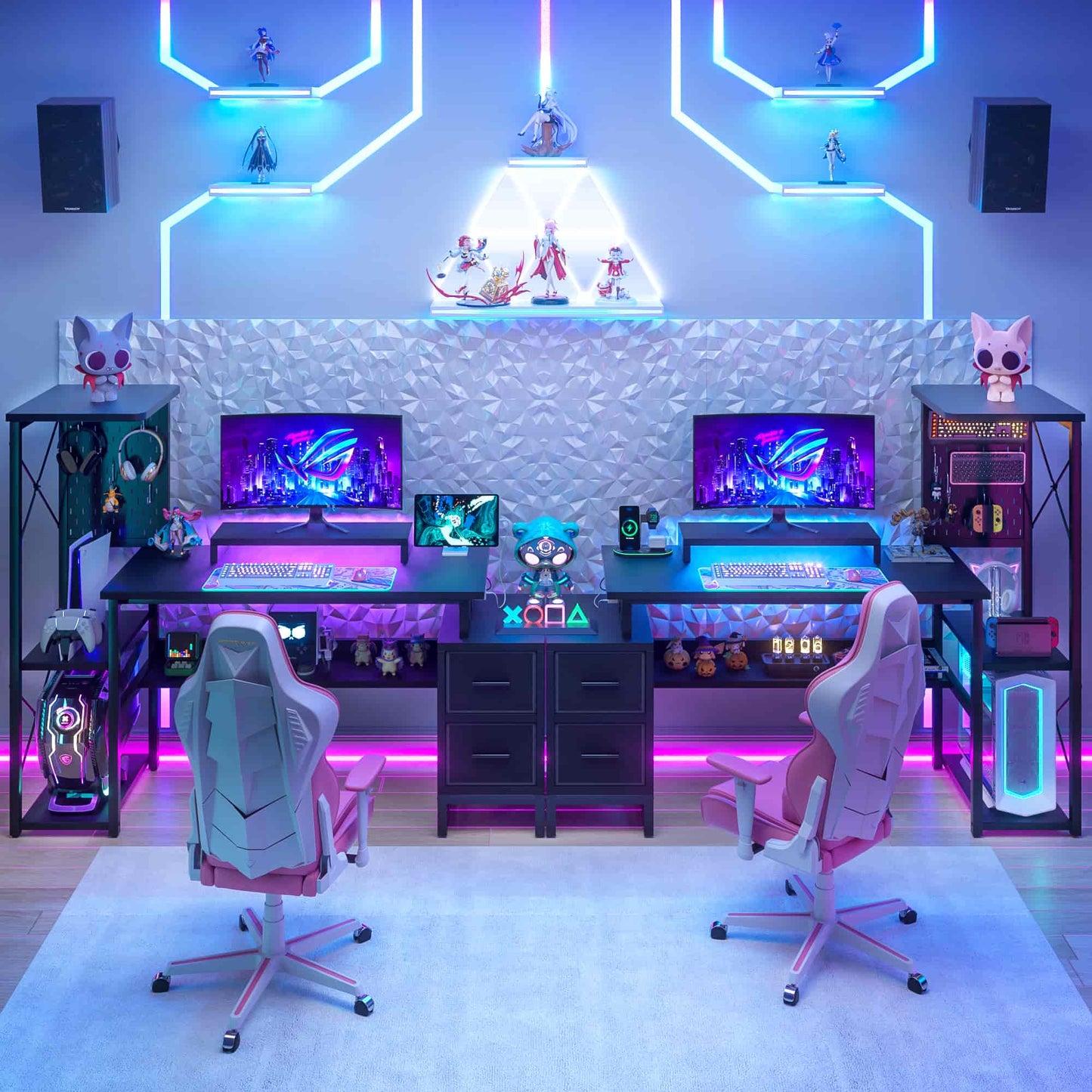 53" Gaming Desk with 2 Fabric Drawers, LED Lights & Pegboard, Reversible