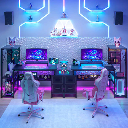 53" Gaming Desk with 2 Fabric Drawers, LED Lights & Pegboard, Reversible