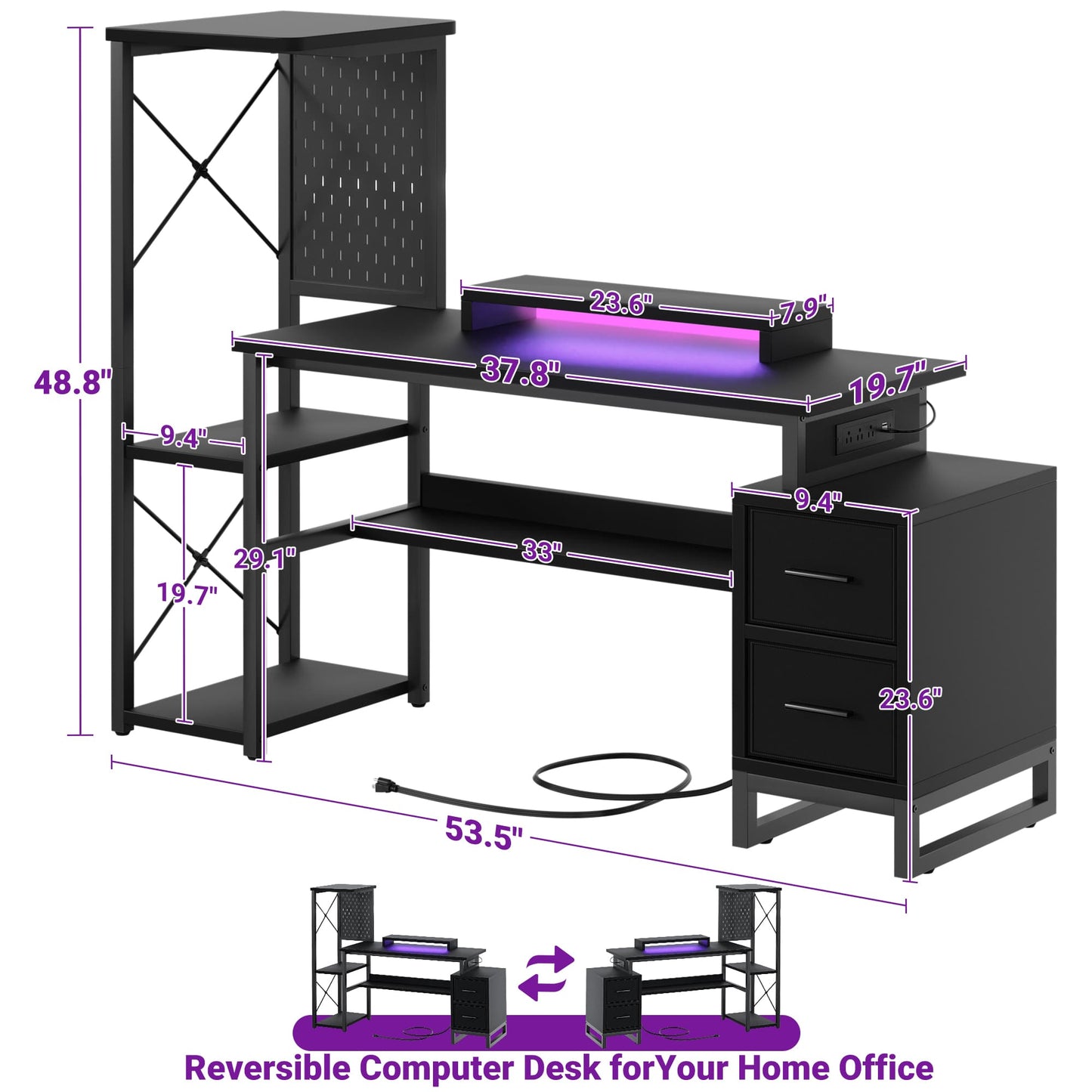 53" Gaming Desk with 2 Fabric Drawers, LED Lights & Pegboard, Reversible