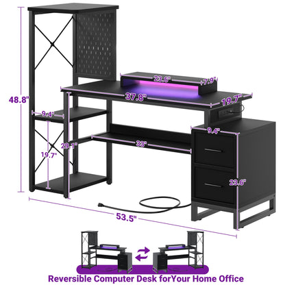 53" Gaming Desk with 2 Fabric Drawers, LED Lights & Pegboard, Reversible