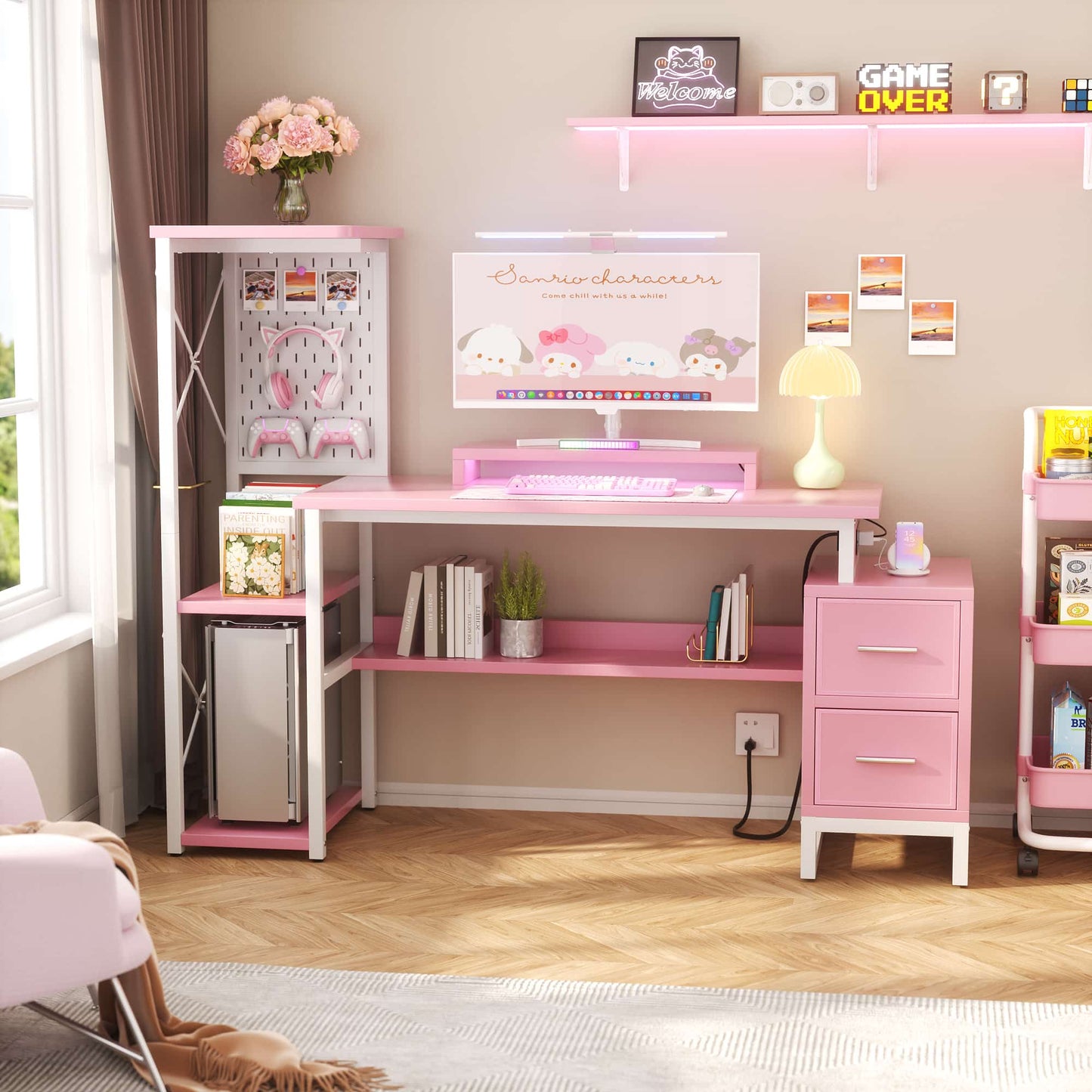 53" Gaming Desk with 2 Fabric Drawers, LED Lights & Pegboard, Reversible