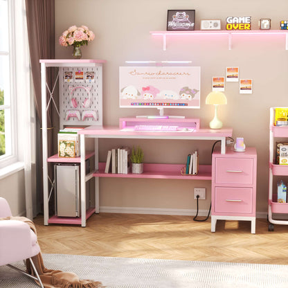 53" Gaming Desk with 2 Fabric Drawers, LED Lights & Pegboard, Reversible