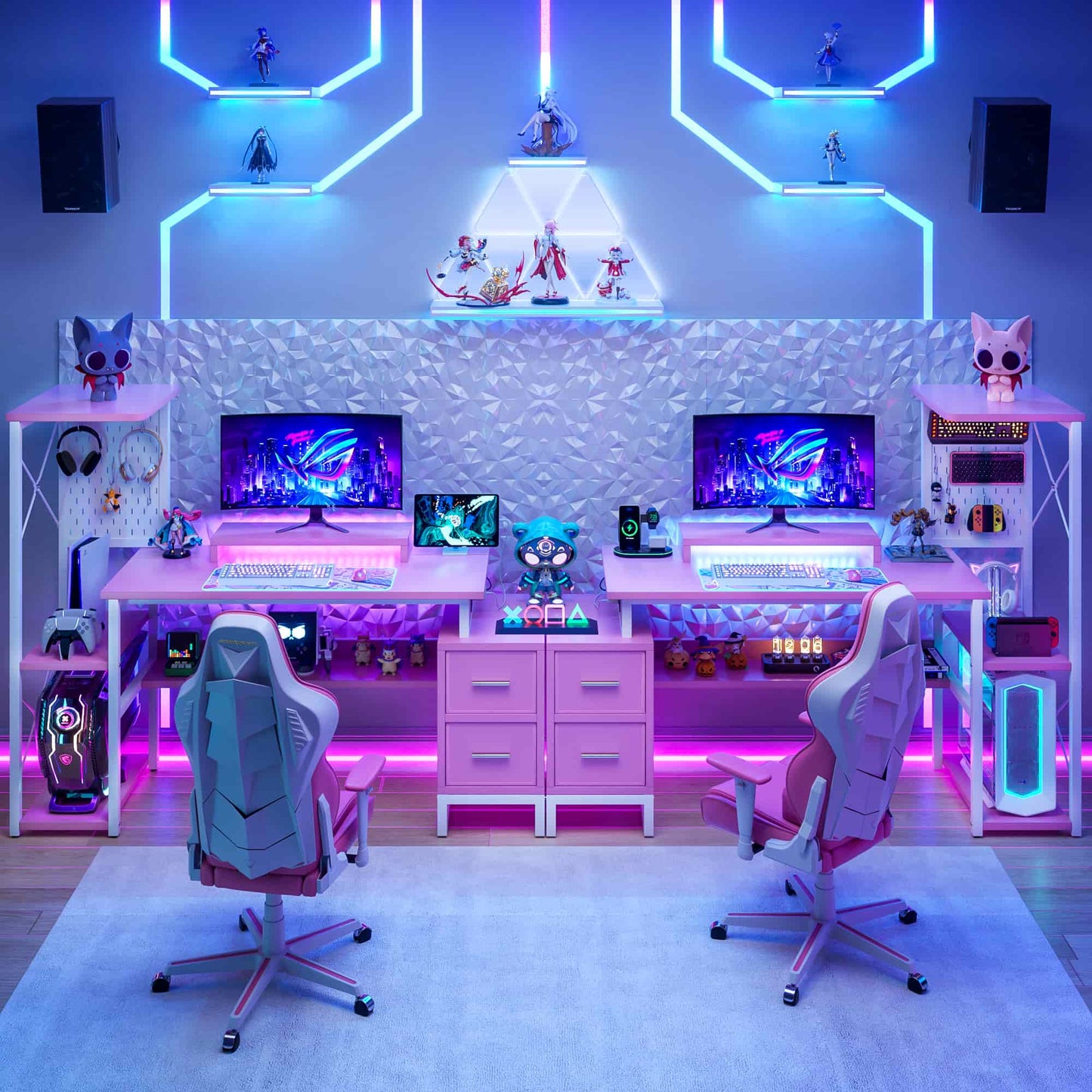 53" Gaming Desk with 2 Fabric Drawers, LED Lights & Pegboard, Reversible