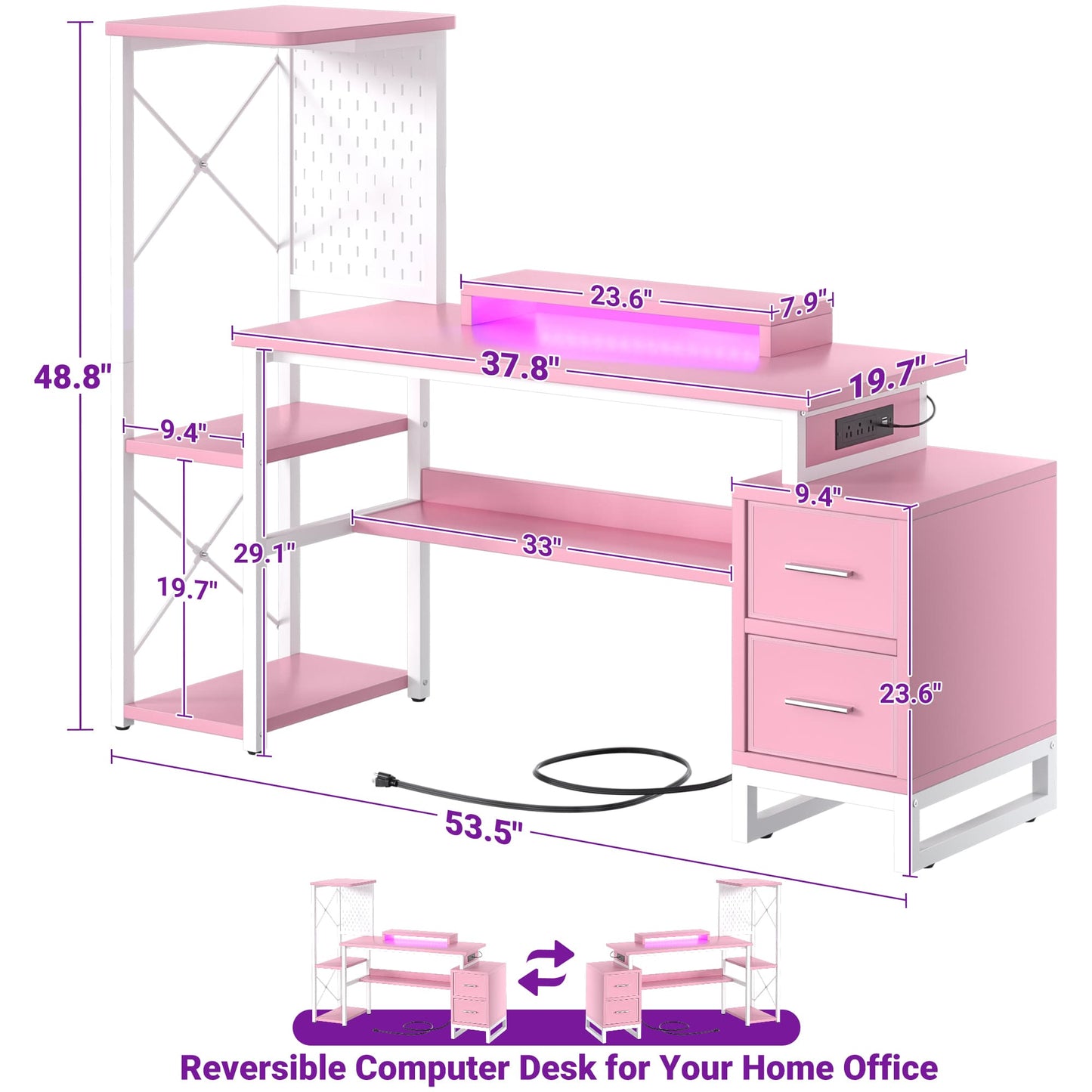 53" Gaming Desk with 2 Fabric Drawers, LED Lights & Pegboard, Reversible