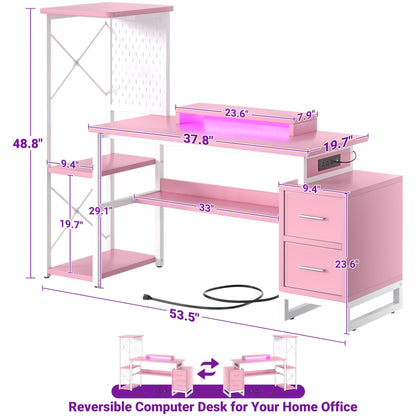 53" Gaming Desk with 2 Fabric Drawers, LED Lights & Pegboard, Reversible