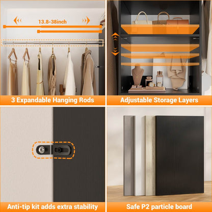 96'' Closet Organizer System with 3 Wooden Drawers and Hanging Rods