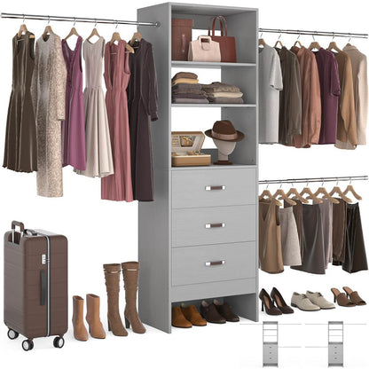 96'' Closet Organizer System with 3 Wooden Drawers and Hanging Rods