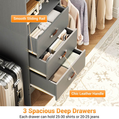 96'' Closet Organizer System with 3 Wooden Drawers and Hanging Rods