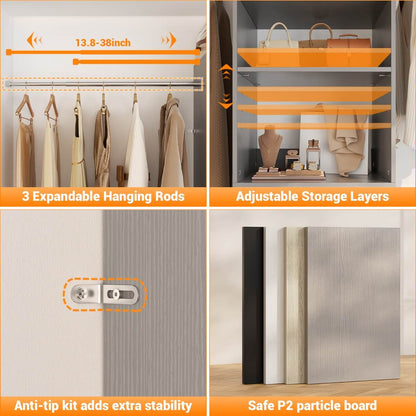 96'' Closet Organizer System with 3 Wooden Drawers and Hanging Rods