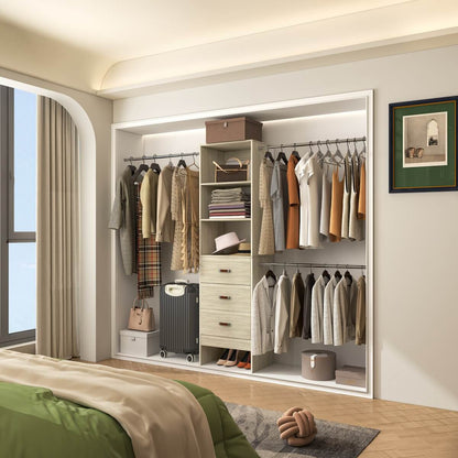 96'' Closet Organizer System with 3 Wooden Drawers and Hanging Rods