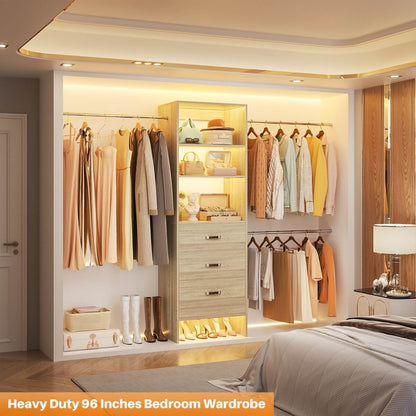 96'' Closet Organizer System with 3 Wooden Drawers and Hanging Rods