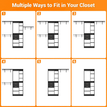 8FT Closet Organizer System with Partition Storage Spaces, Drawers, Shelves, Hanging Rods