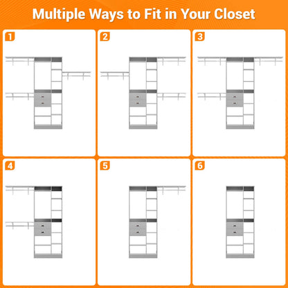 8FT Closet Organizer System with Partition Storage Spaces, Drawers, Shelves, Hanging Rods