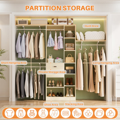 8FT Closet Organizer System with Partition Storage Spaces, Drawers, Shelves, Hanging Rods