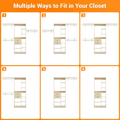 8FT Closet Organizer System with Partition Storage Spaces, Drawers, Shelves, Hanging Rods