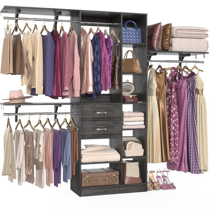 8FT Closet Organizer System with Partition Storage Spaces, Drawers, Shelves, Hanging Rods