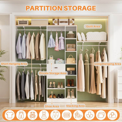 8FT Closet Organizer System with Partition Storage Spaces, Drawers, Shelves, Hanging Rods