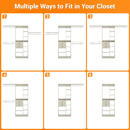 8FT Closet Organizer System with Partition Storage Spaces, Drawers, Shelves, Hanging Rods