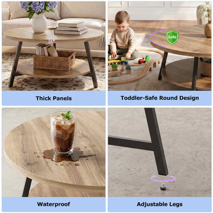 35.4'' Round Coffee Table, Modern 2-Tier Coffee Table for Living Room