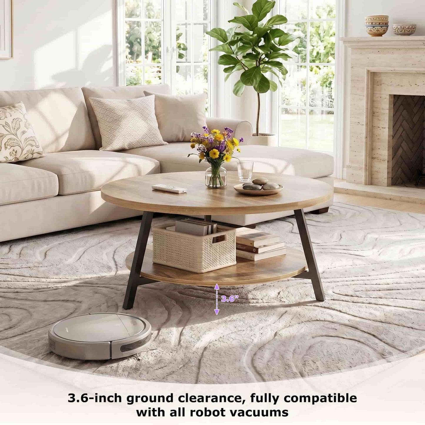35.4'' Round Coffee Table, Modern 2-Tier Coffee Table for Living Room