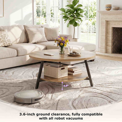 35.4'' Round Coffee Table, Modern 2-Tier Coffee Table for Living Room