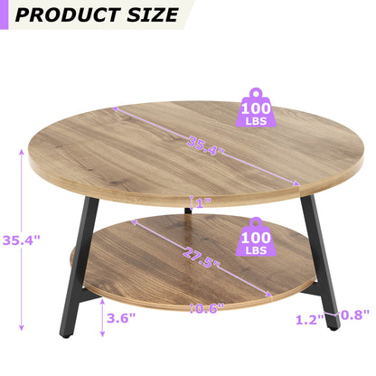 35.4'' Round Coffee Table, Modern 2-Tier Coffee Table for Living Room