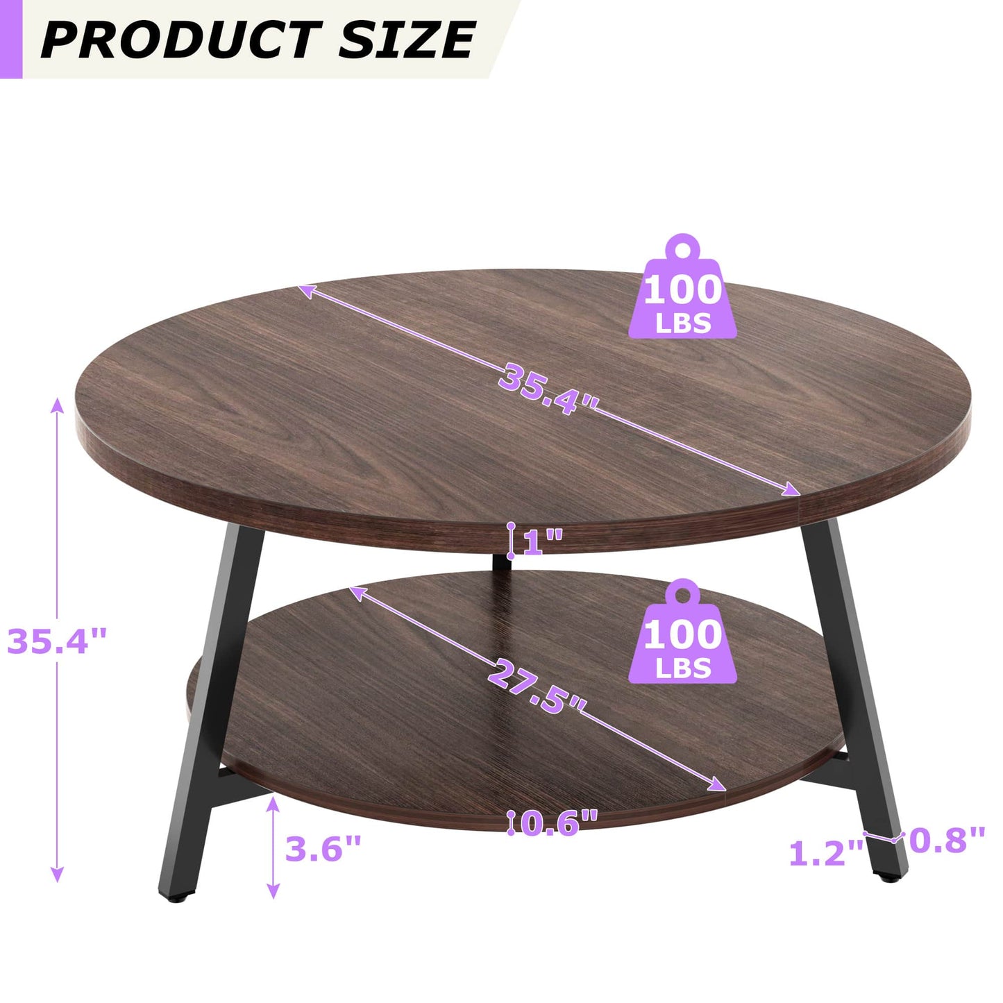 35.4'' Round Coffee Table, Modern 2-Tier Coffee Table for Living Room