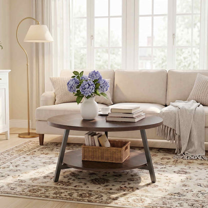 35.4'' Round Coffee Table, Modern 2-Tier Coffee Table for Living Room