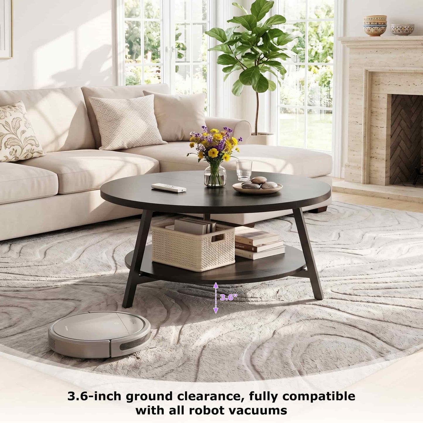 35.4'' Round Coffee Table, Modern 2-Tier Coffee Table for Living Room