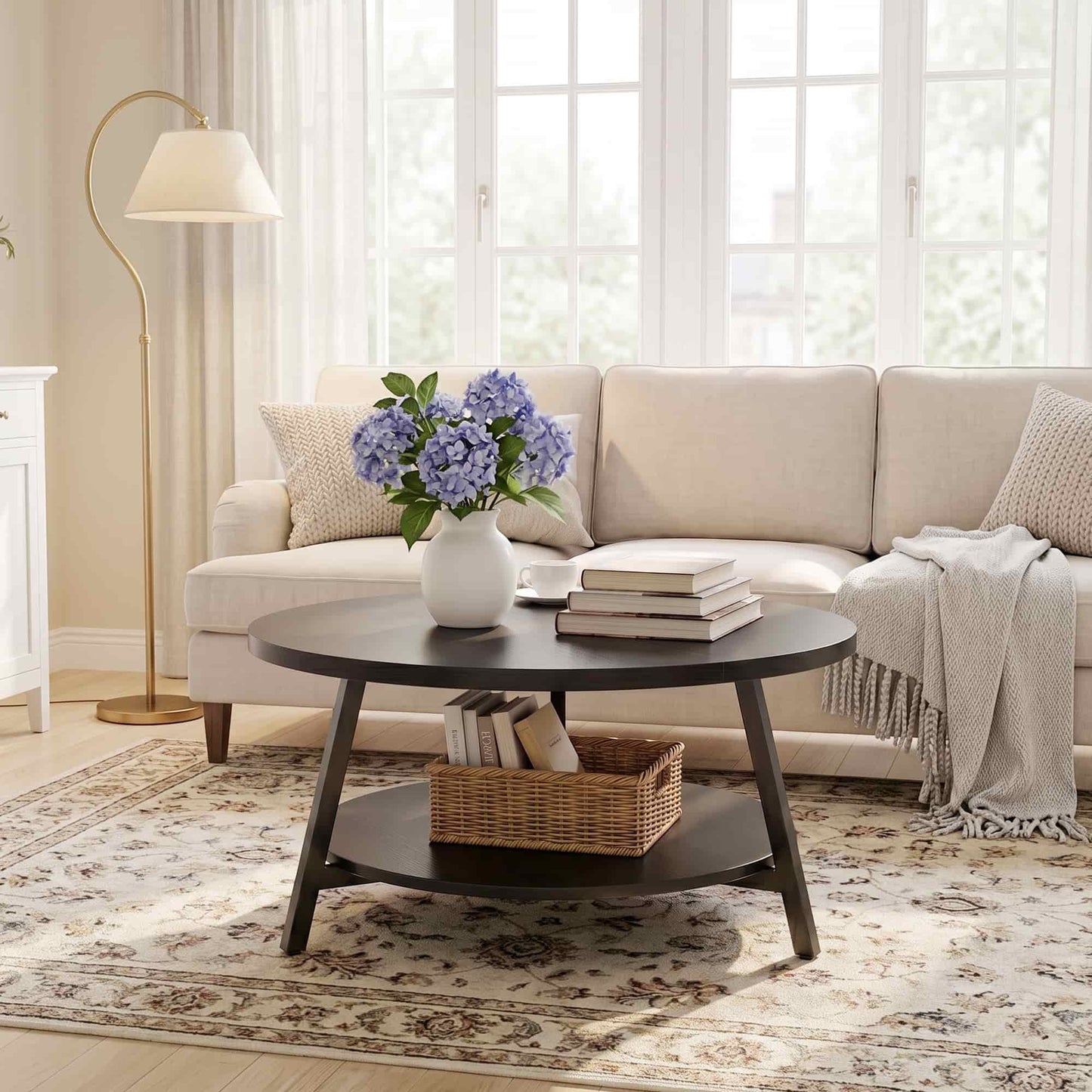 35.4'' Round Coffee Table, Modern 2-Tier Coffee Table for Living Room
