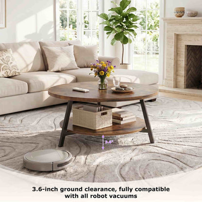 35.4'' Round Coffee Table, Modern 2-Tier Coffee Table for Living Room