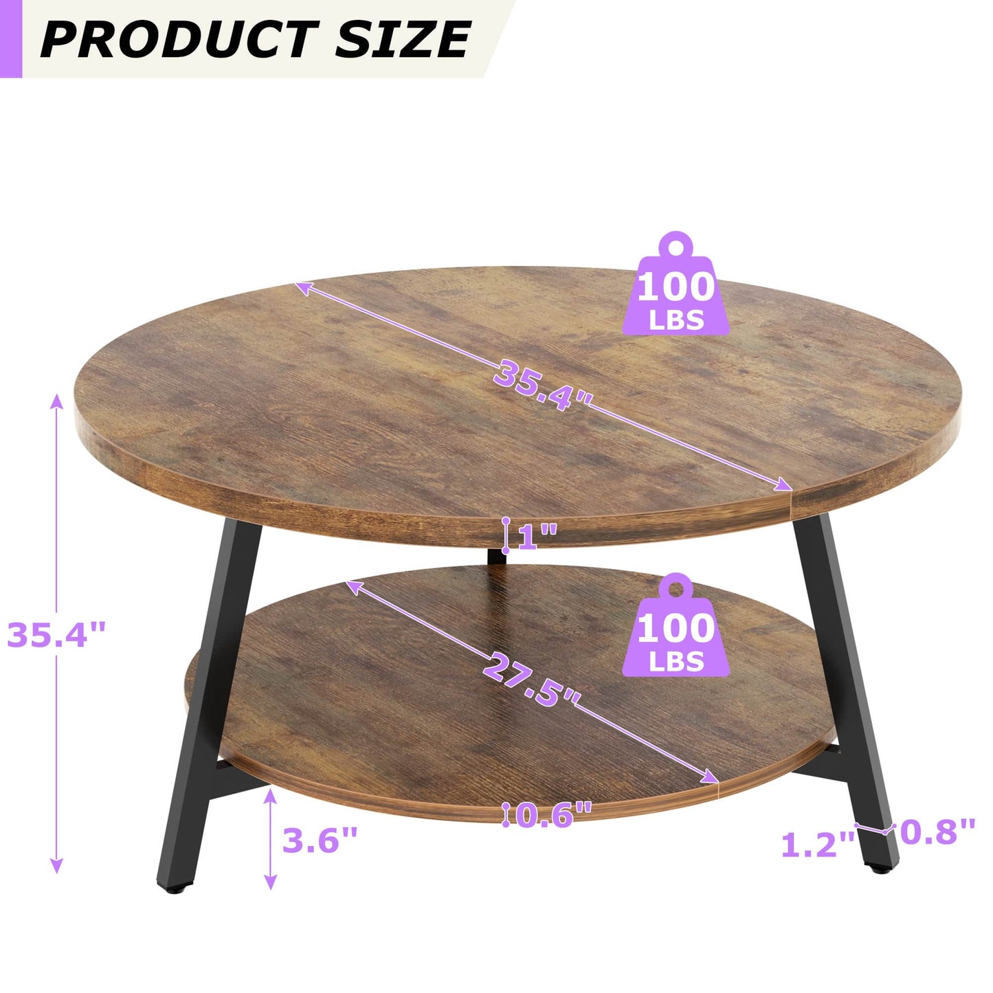 35.4'' Round Coffee Table, Modern 2-Tier Coffee Table for Living Room