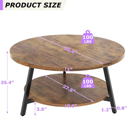 35.4'' Round Coffee Table, Modern 2-Tier Coffee Table for Living Room