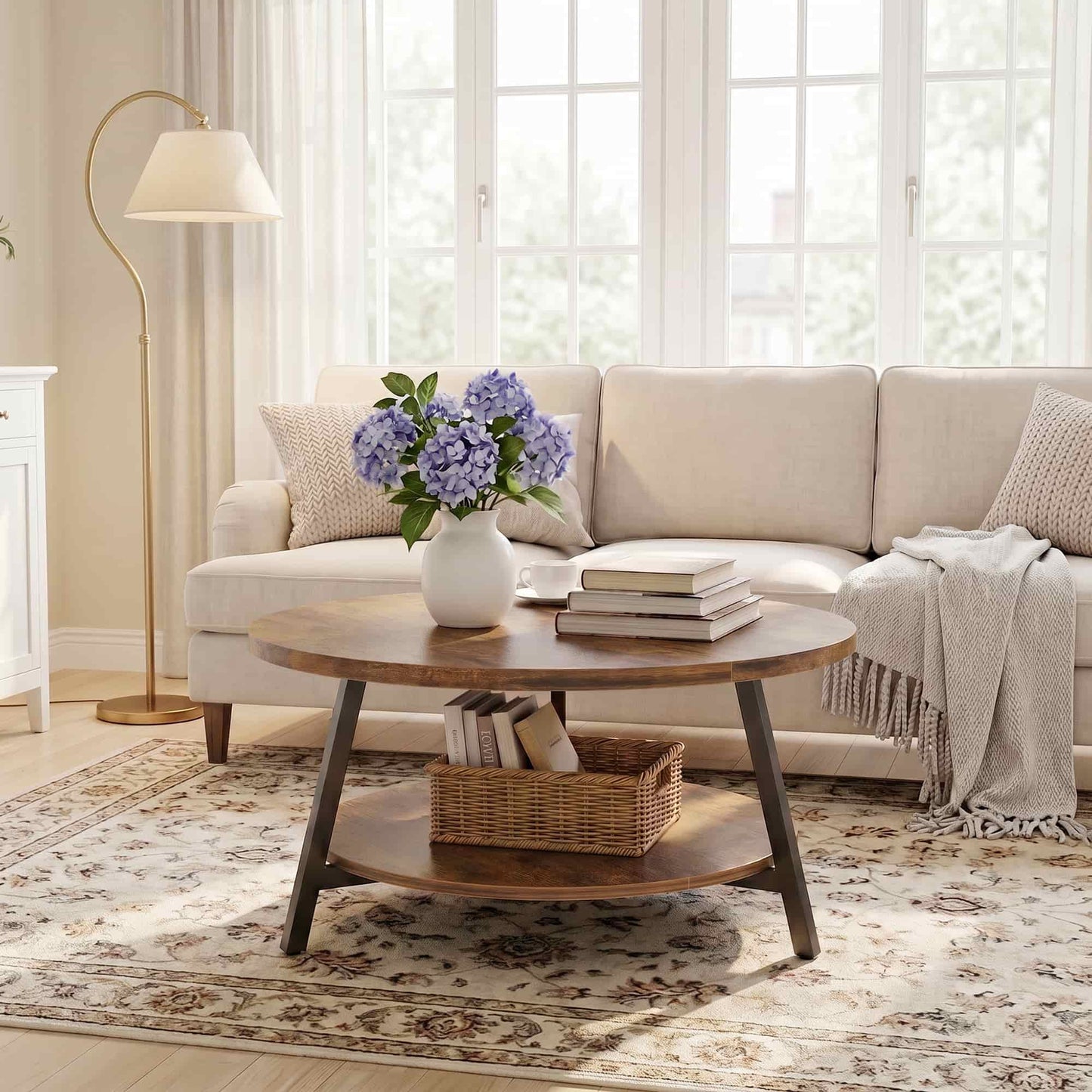 35.4'' Round Coffee Table, Modern 2-Tier Coffee Table for Living Room