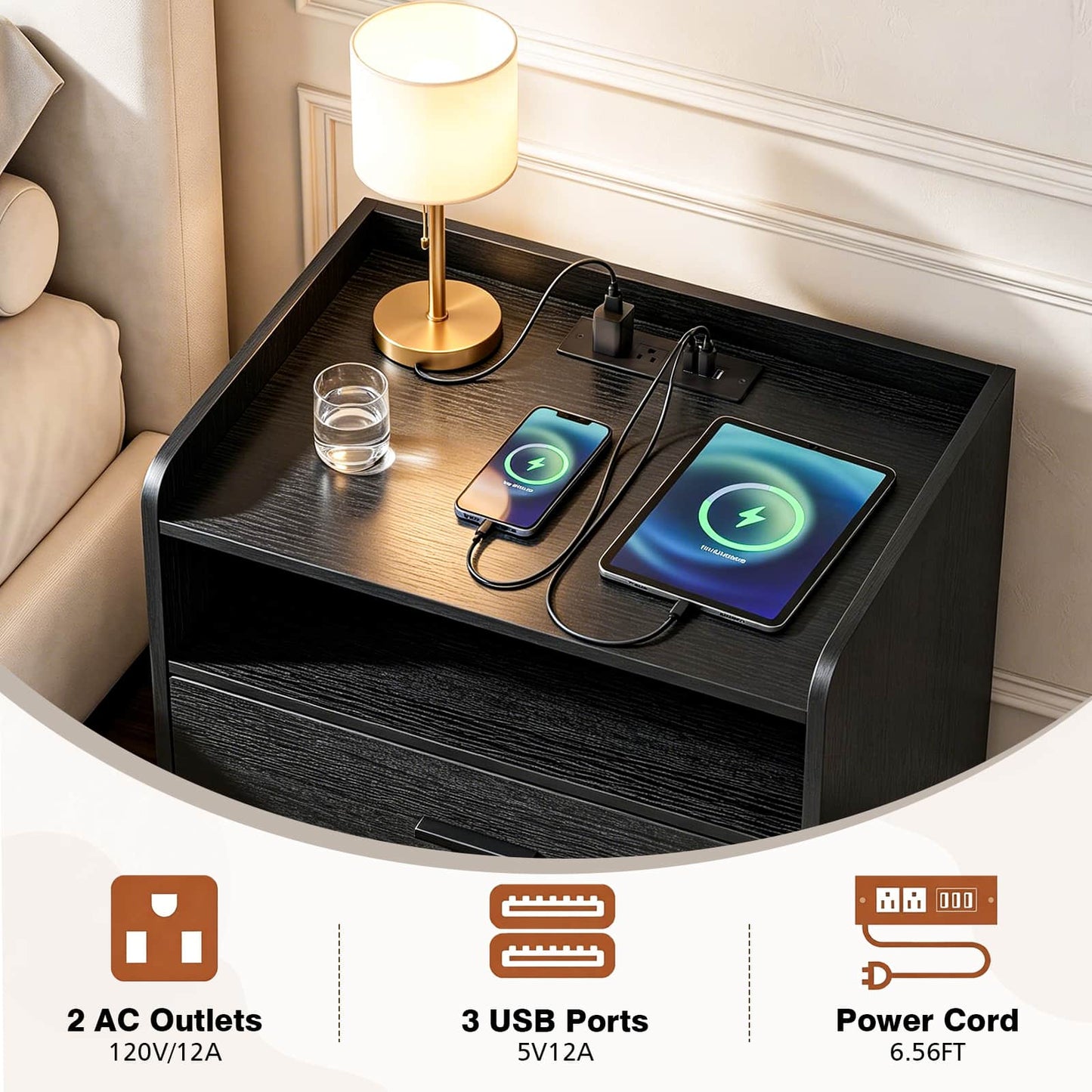 2 Drawer Nightstand with Charging Station