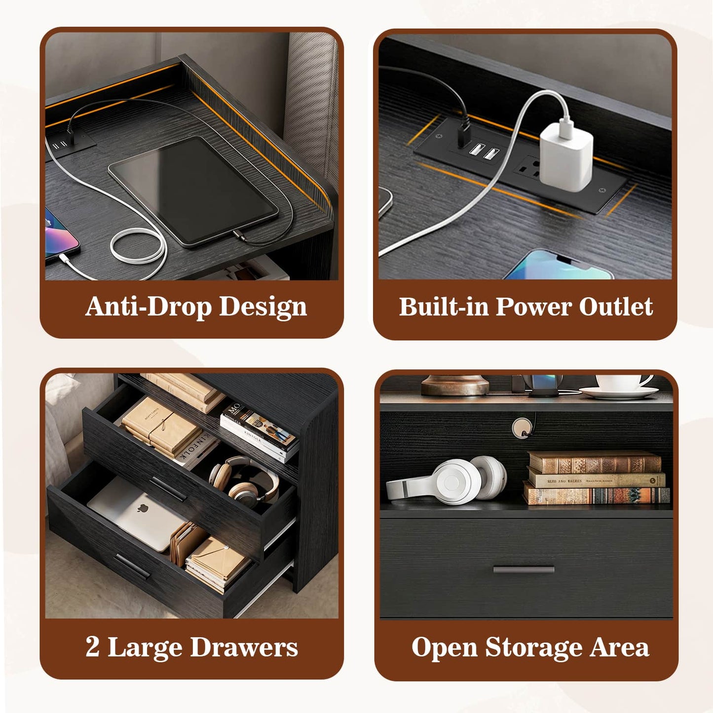 2 Drawer Nightstand with Charging Station