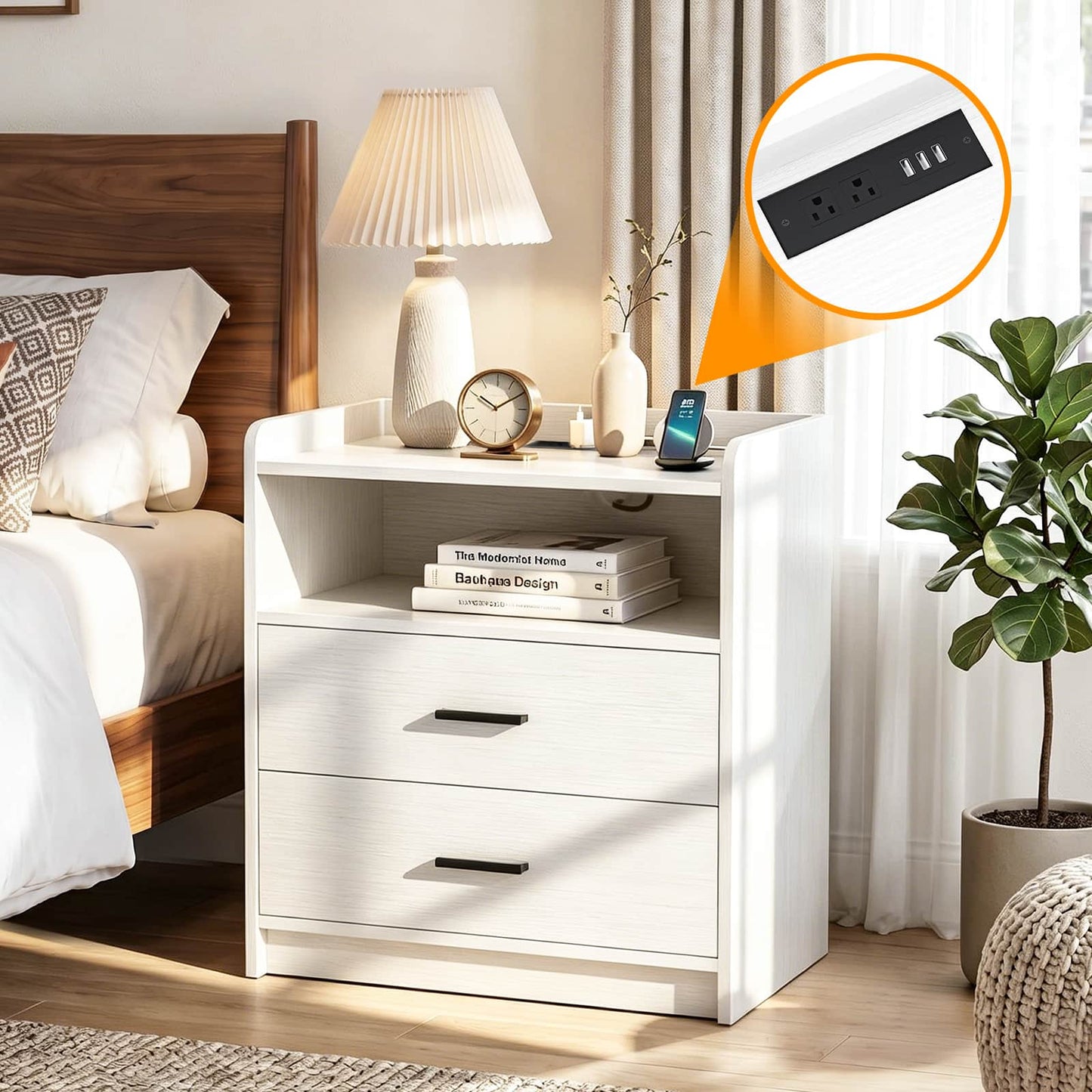 2 Drawer Nightstand with Charging Station